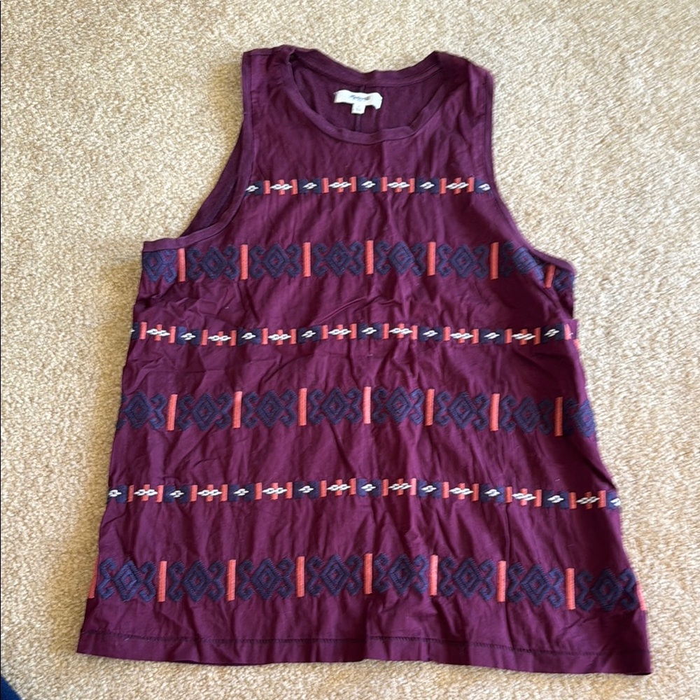 Madewell Maroon Tribal Patterned Embroidery Women's Tank Top, sleeveless